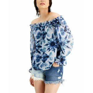 NWT INC Womens S Top Blouse Blue Off The Shoulder Long Sleeve Tie-Dye Ruffle NEW